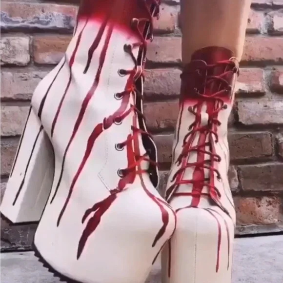 Red Carrie Blood Dolls Kill Platform Boots - Picture 3 of 9